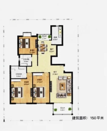  3室2厅2卫 150㎡户型图