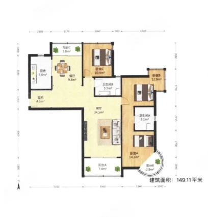  3室2厅2卫 149㎡户型图