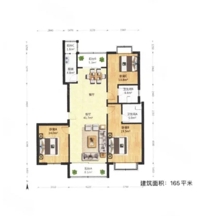  3室2厅2卫 165㎡户型图