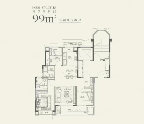  3室2厅2卫 99㎡户型图